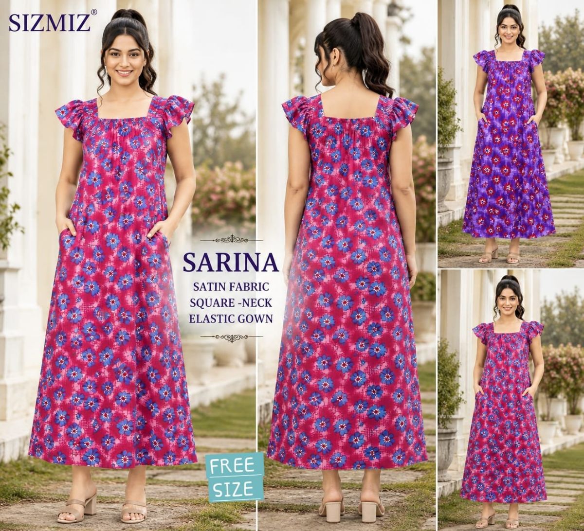 Sarina Women Satin Fabric Square Neck Night Gown -Free Size