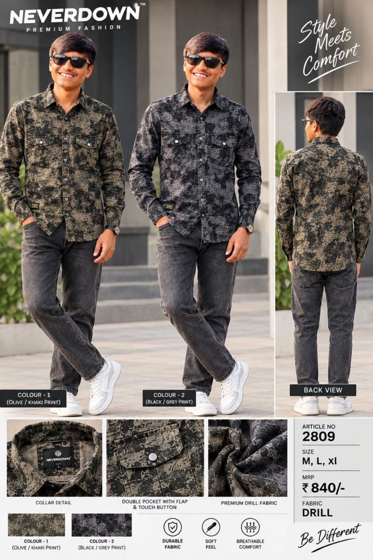 Never Down Men's Shirts- 2809