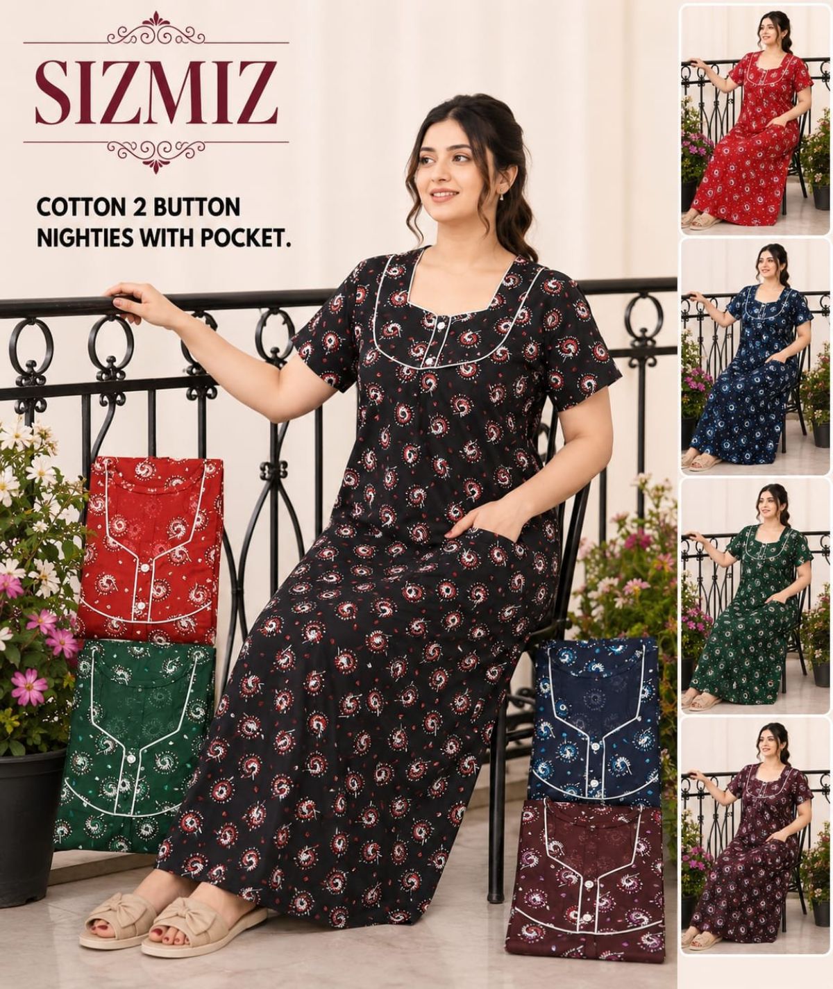 Women Pure Cotton Night Gown With Two Button Sadhna