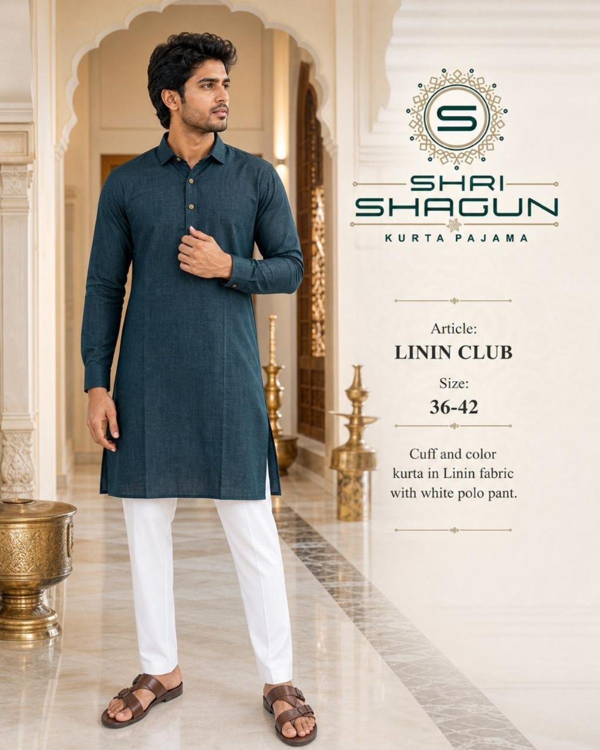 Linen Cotton Kurta Cuff Collar With Polo Pant-Linin Club