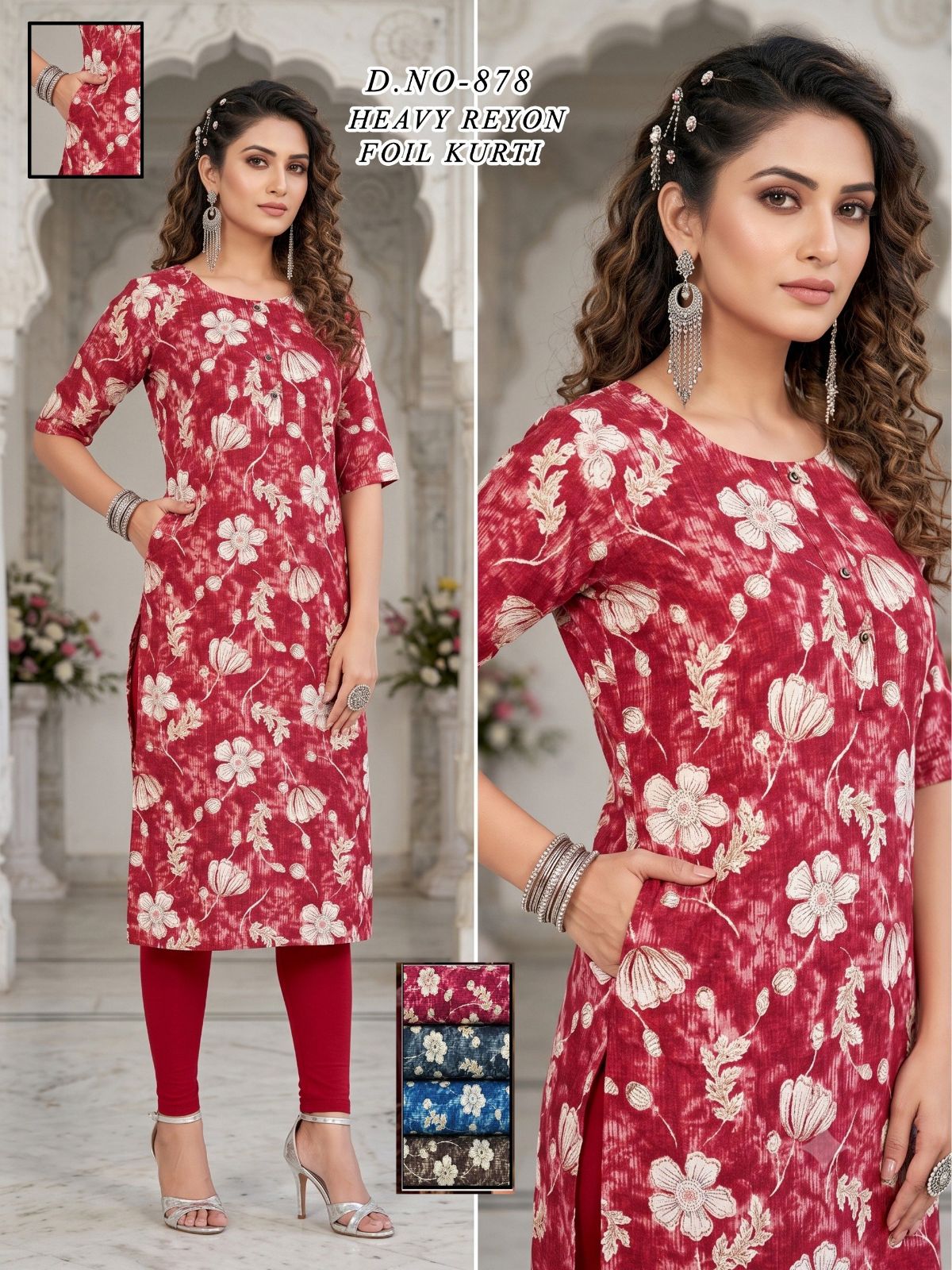 Women's Heavy Rayon Foil Kurti With Mobile Pocket -878
