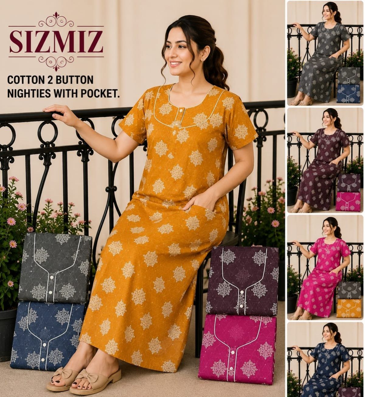 Women Pure Cotton Night Gown With Two Button Aaradhana