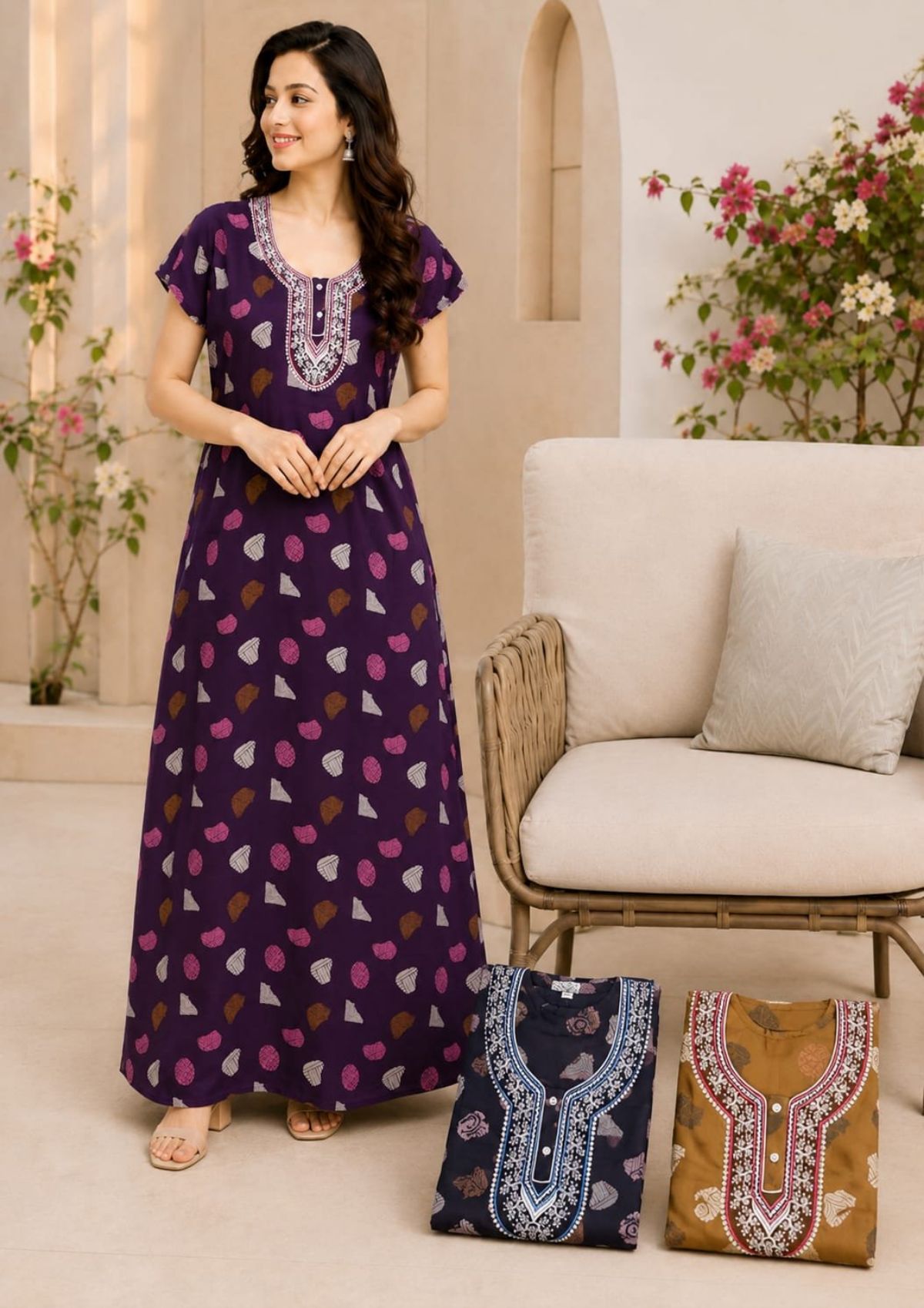 Women Alpine Nighties Superior Fabric with two button embroidered and side pocket Hand Piping