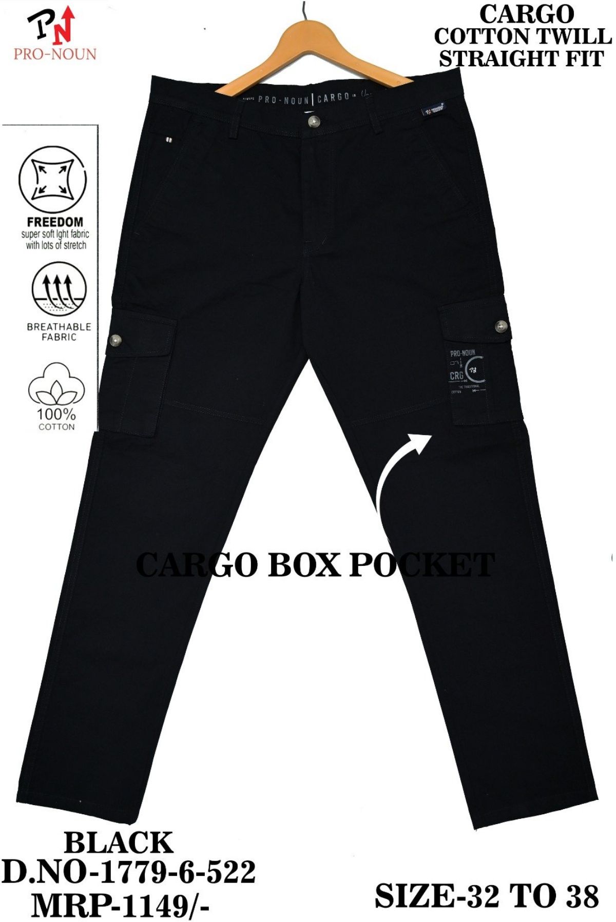 Pro-Noun Men's Straight Fit Cargo Pants D No- 1779- Black