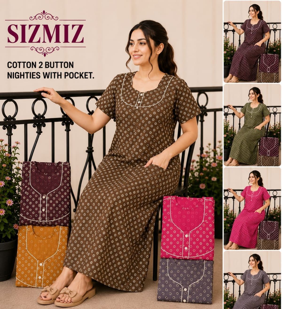 Women Pure Cotton Night Gown With Two Button 2*11