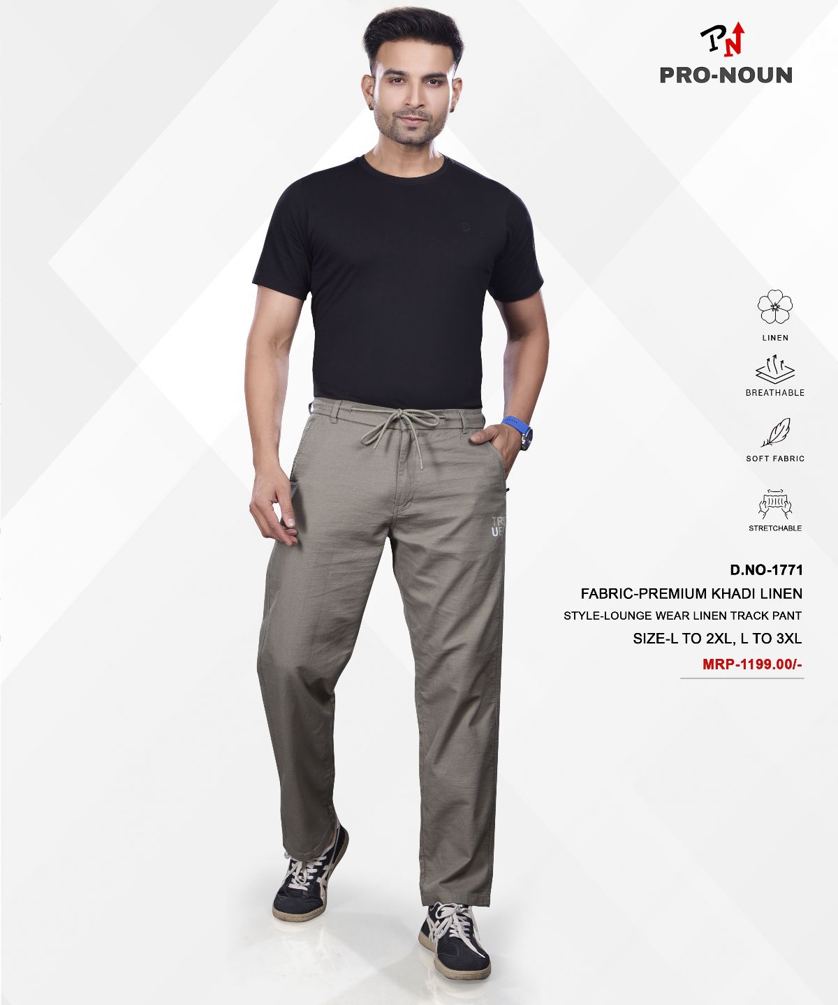Pro-Noun Men's Lounge Wear Linen Trackpant- D No- 1771-Grey