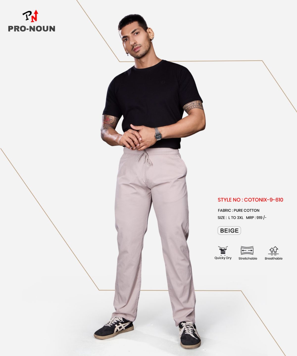 Pro-Noun Men's Lounge Wear Cotton Trackpant- D No- Cotonix-9-610-Beige