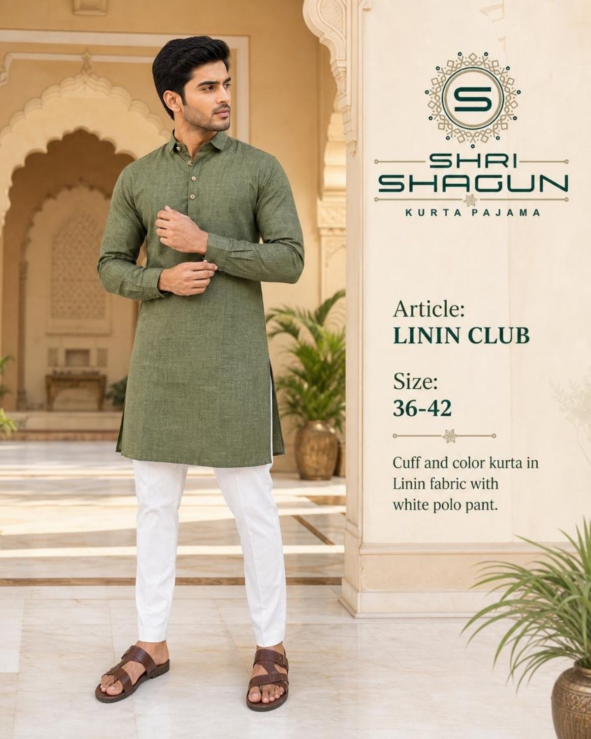 Linen Cotton Kurta Cuff Collar With Polo Pant-Linin Club