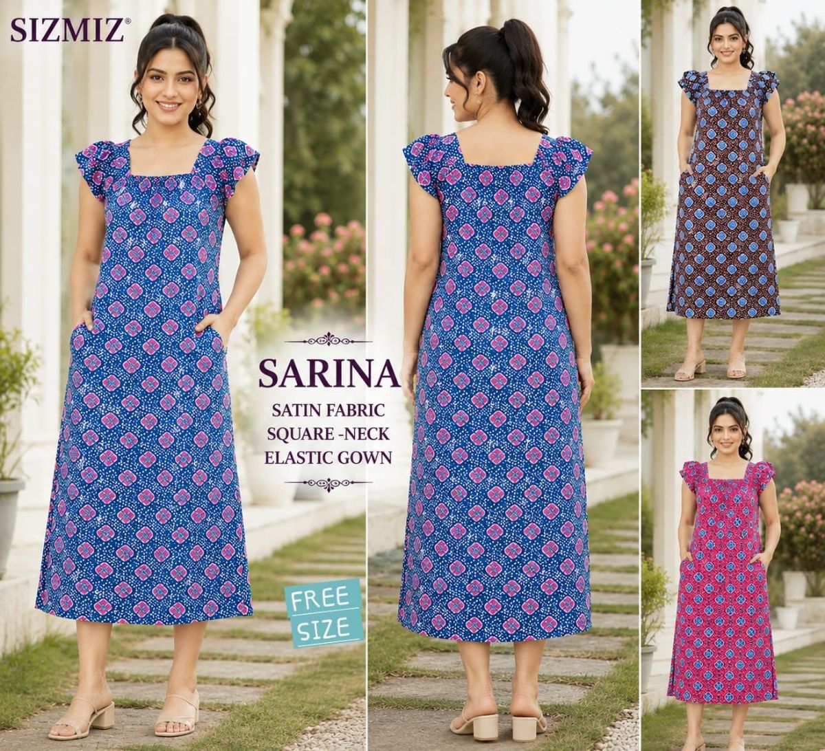 Sarina Women Satin Fabric Square Neck Night Gown -Free Size