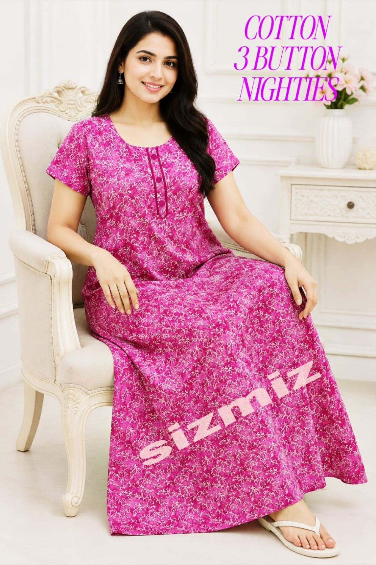 Women Poly Cotton Night Gown With Three Button