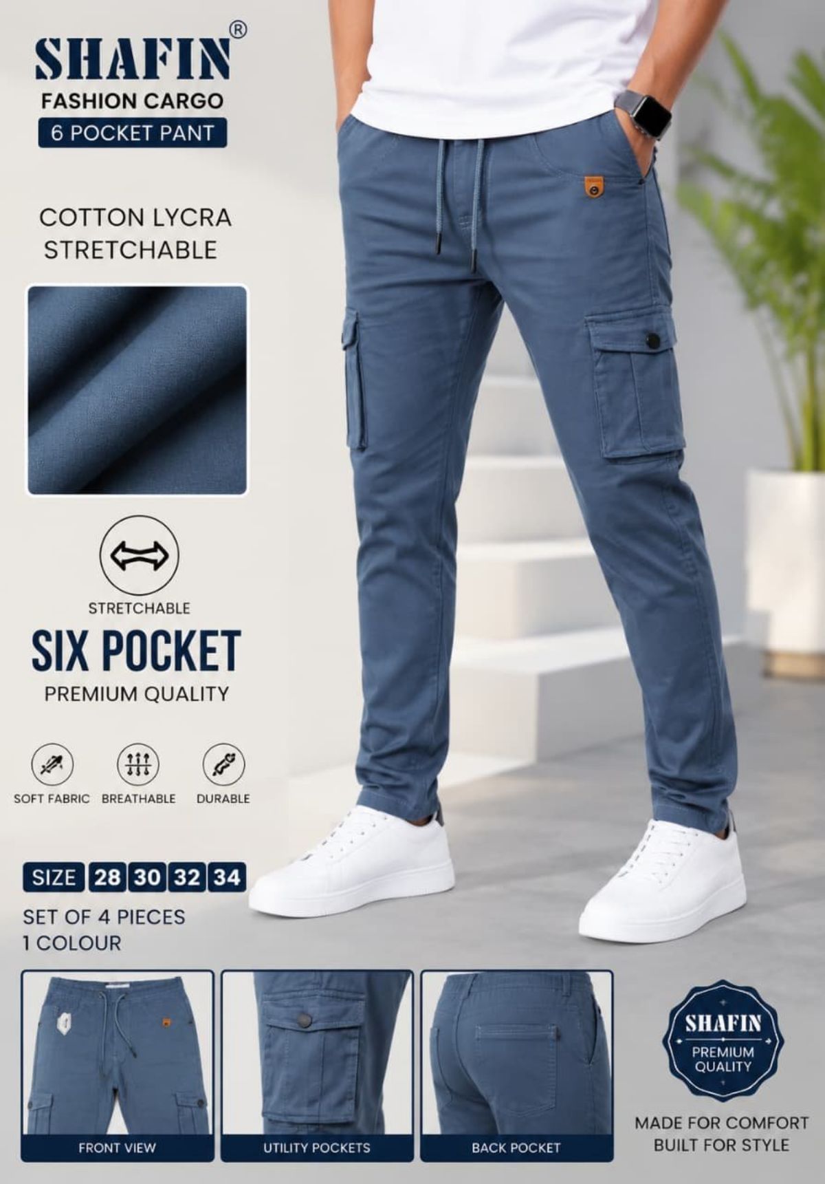 Shafin Men's Six Pockets Joggers Cargo without Elastic