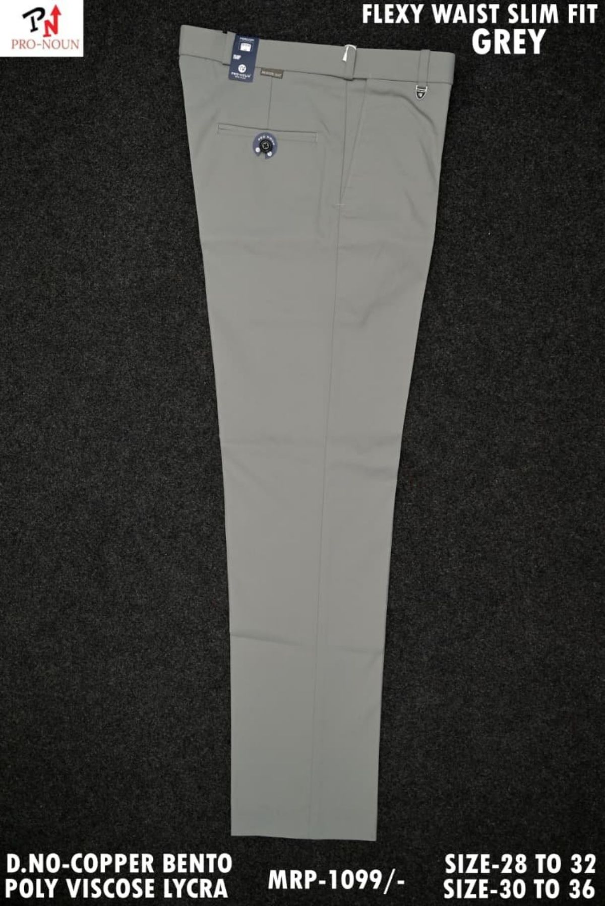 Pro-Noun Men's  Formal Trouser Pants With Adjustable belt D No- Copper Bento-(30-36)- Grey