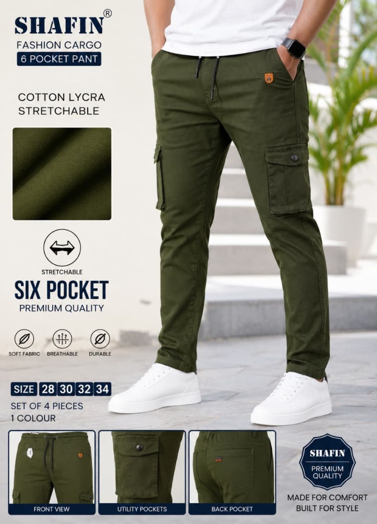 Shafin Men's Six Pockets Joggers Cargo without Elastic