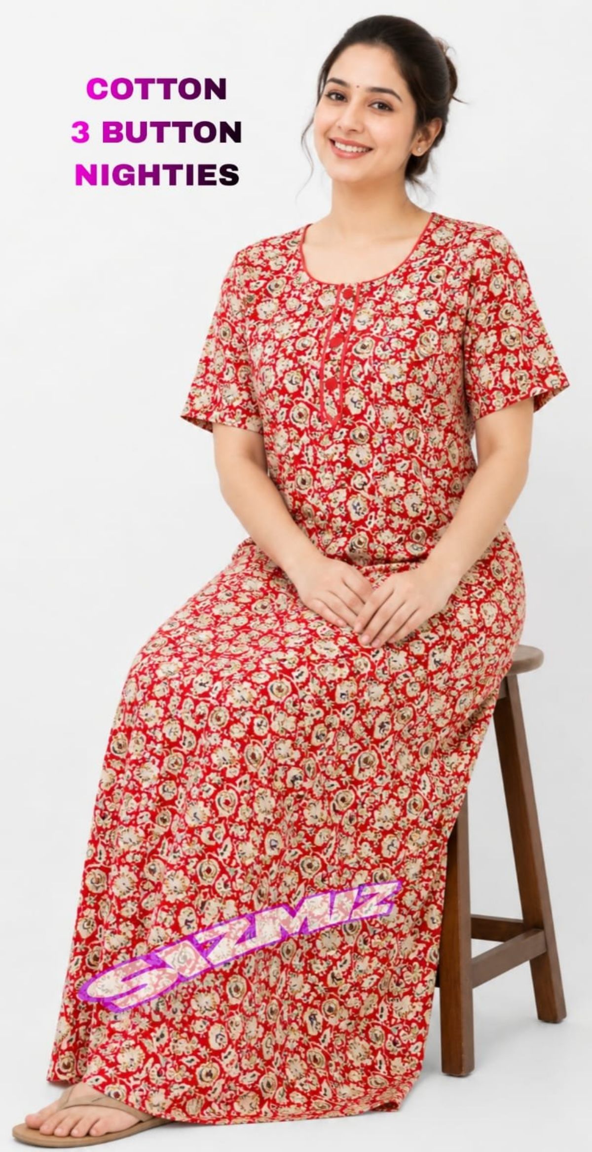 Women Poly Cotton Night Gown With Three Button