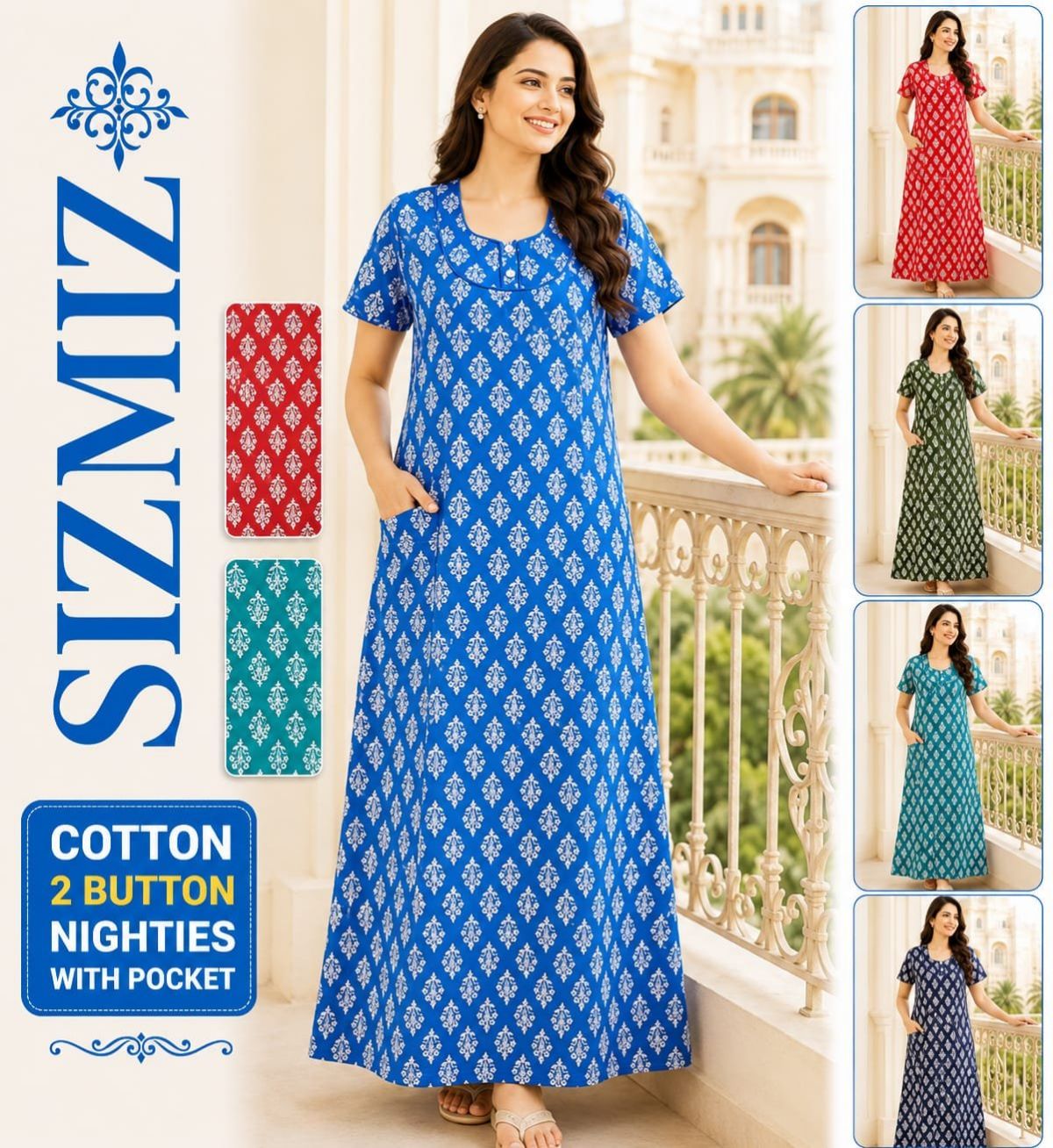 Women Poly Cotton Night Gown with Two Button