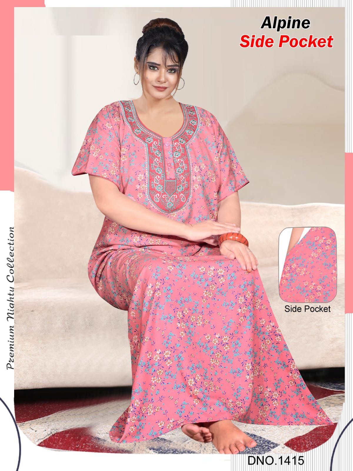 Women's Alpine Premium Nighties 2 Button with Long Fancy Embroidery