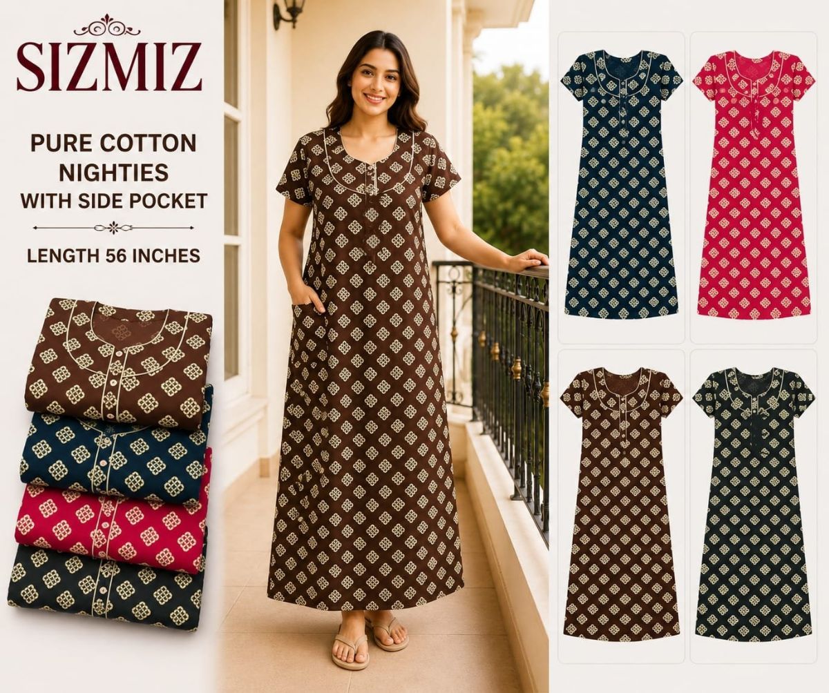 Sarina Women Pure Cotton Night Gown with pocket -Free Size