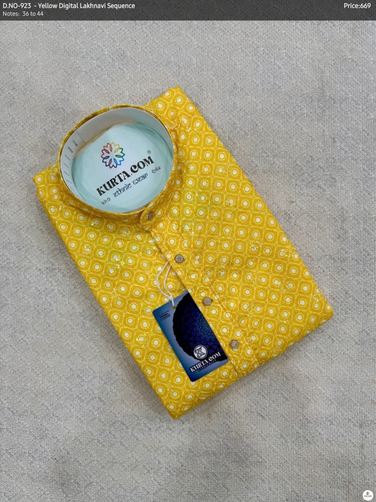 Yellow Digital Lakhnavi Sequence Work Kurta Only-923