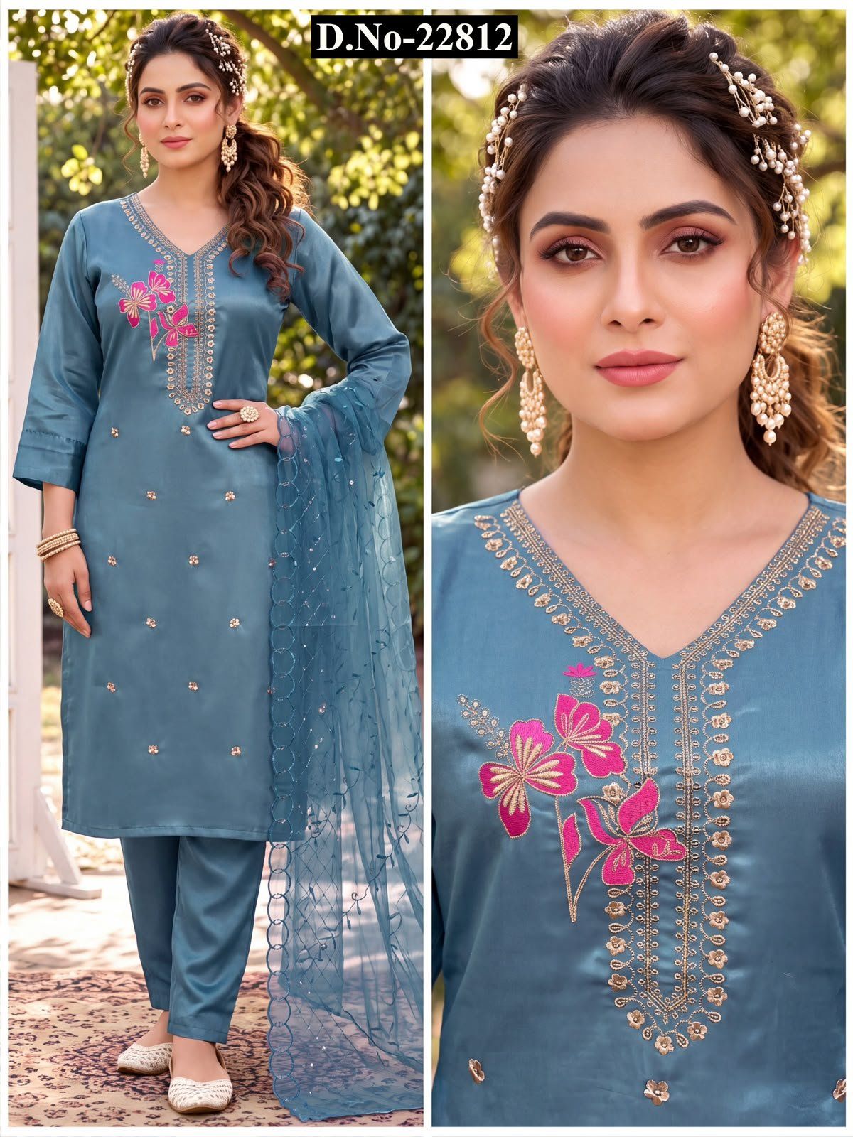 Women's Roman Silk Ethnic Wear Set with dupatta- D No-22812