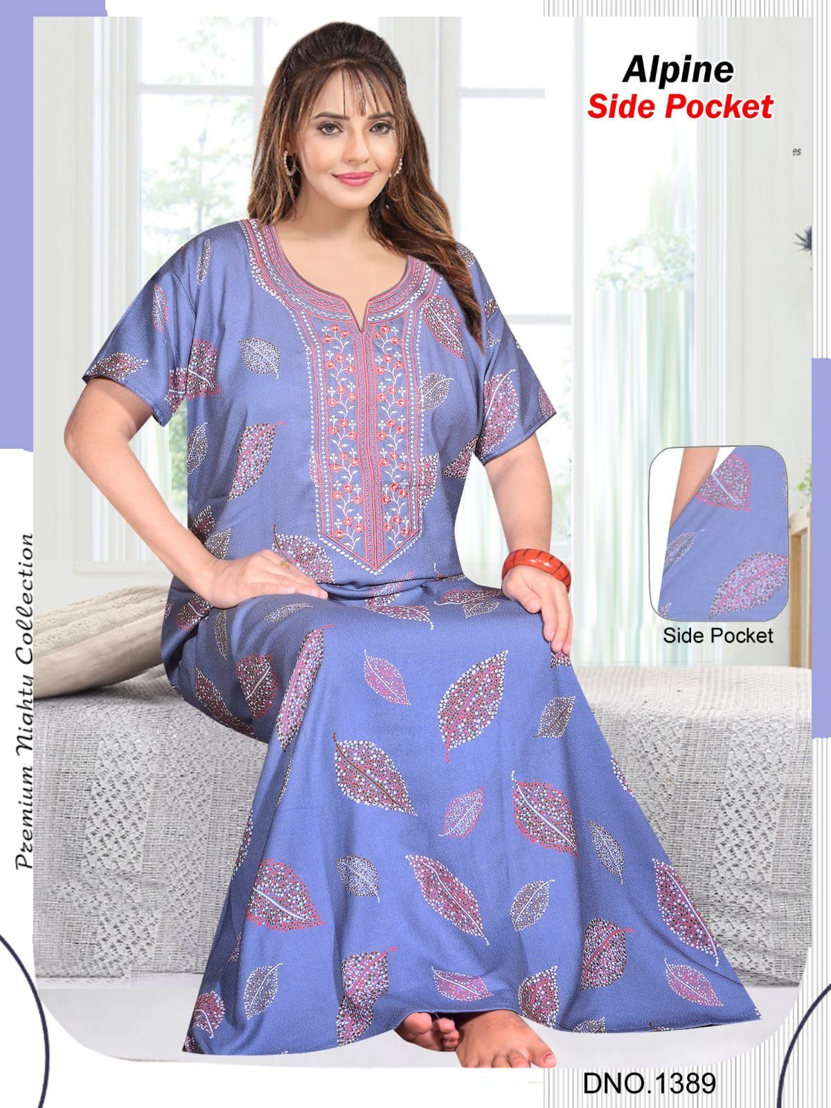 Women's Alpine Premium Nighties Fancy Long Embroidery Pattern with side pocket