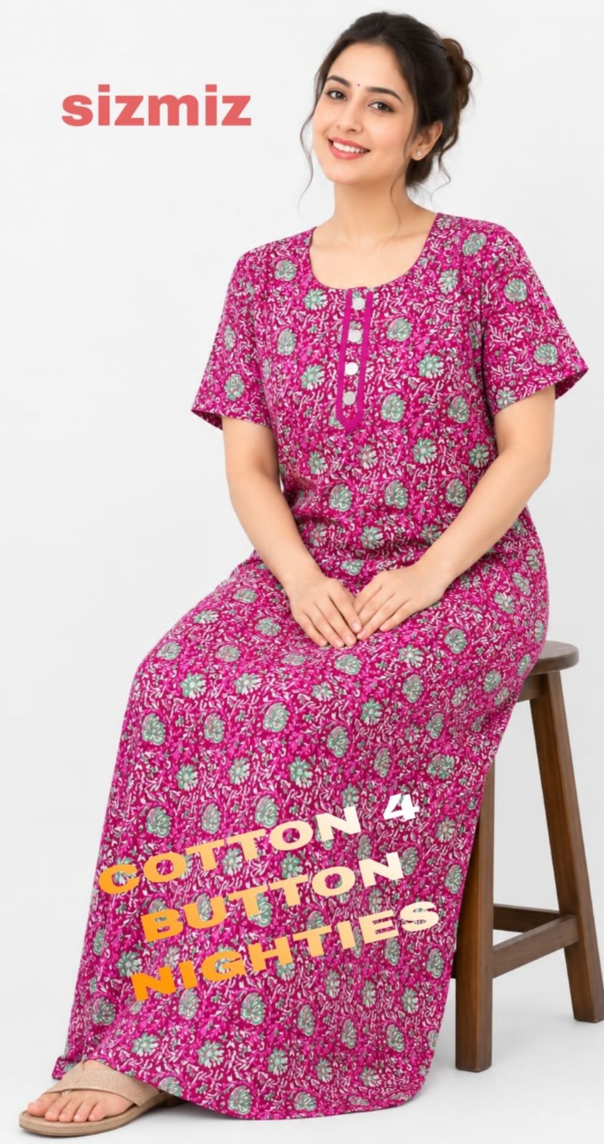 Women Poly Cotton Night Gown With Three Button