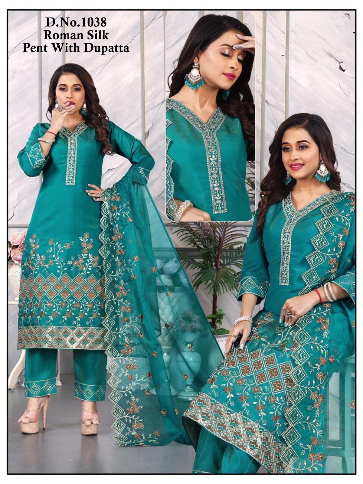 Women's Roman Silk Kurta Pant Set With Dupatta- 1038