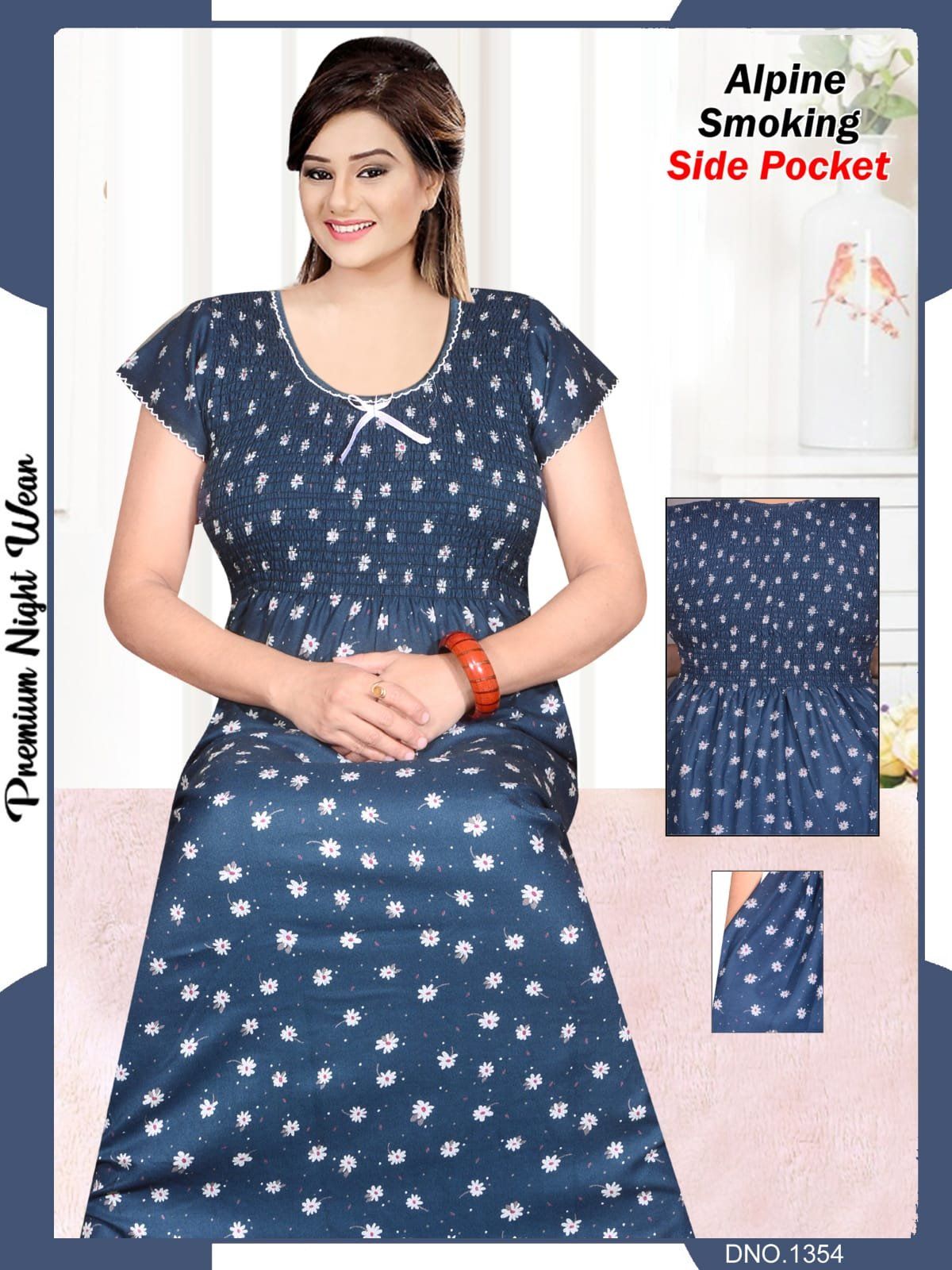 Women's Alpine Premium Nighties Fancy Smoky Pattern with side pocket