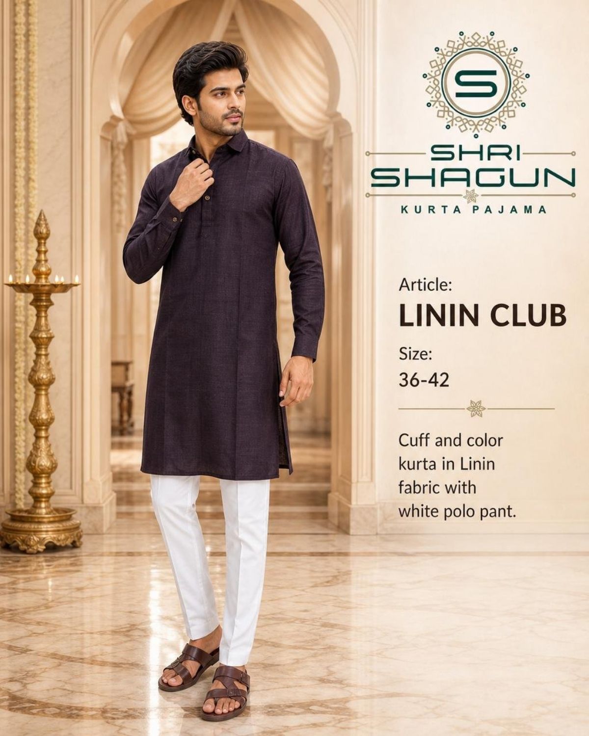 Linen Cotton Kurta Cuff Collar With Polo Pant-Linin Club