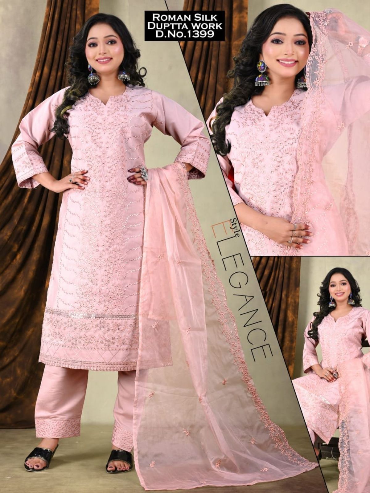 Women's Roman Silk Kurta Pant Set With Dupatta- 1399