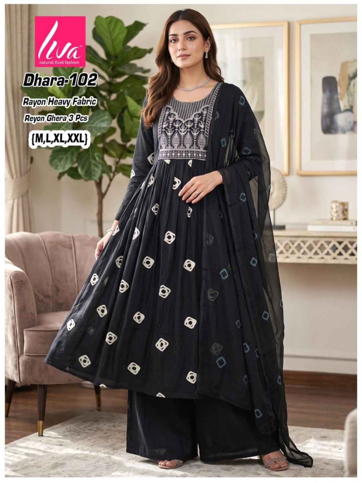 Women's Ethnic Wear Printed Rayon Ghera Kurti Palazo Set With Dupatta- Dhara-102