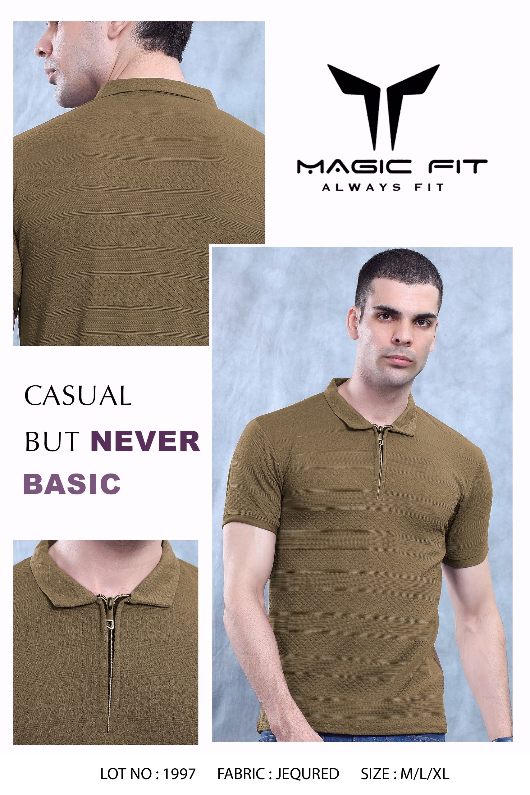 BRAND :-MagicFit  MENS Half Sleeve Polo Neck with ZipTshirt,1997:L