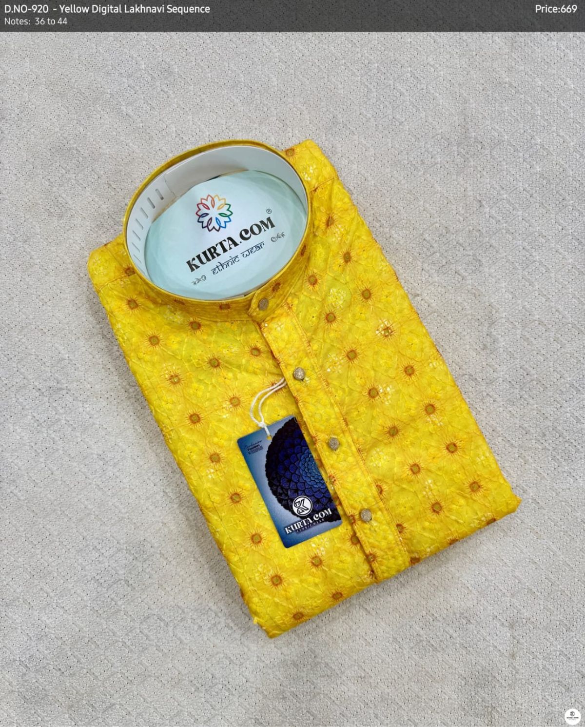 Yellow Digital Lakhnavi Sequence Work Kurta Only-920
