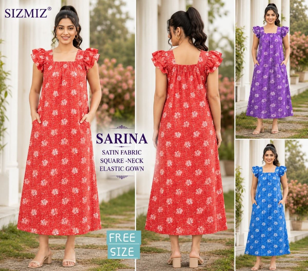 Sarina Women Satin Fabric Square Neck Night Gown -Free Size