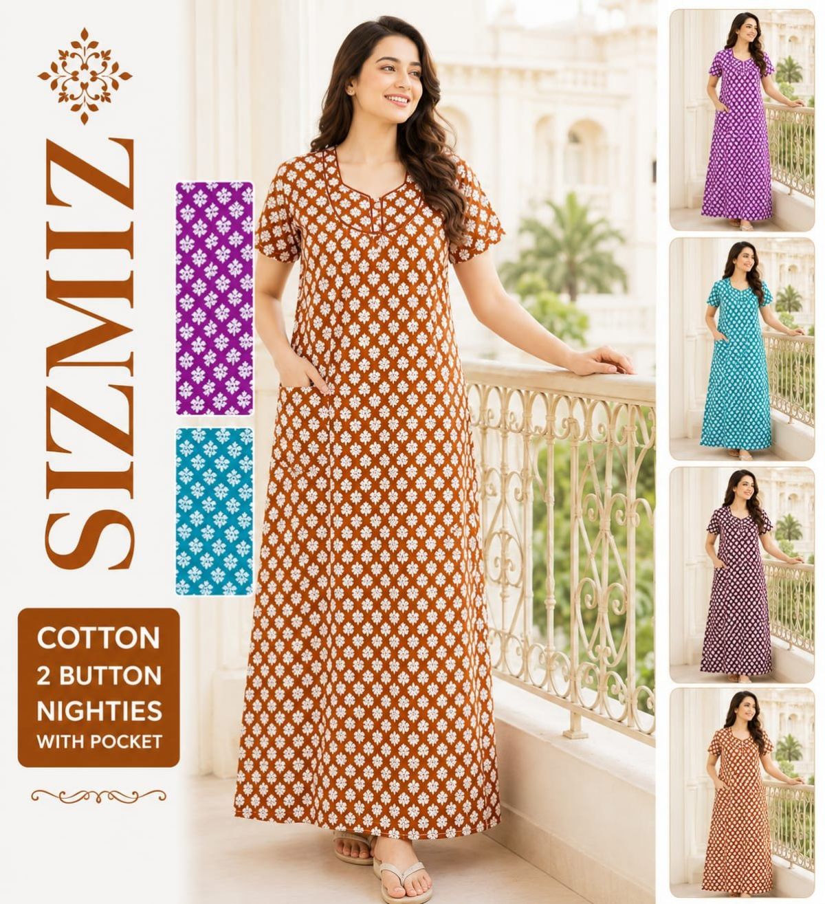Women Poly Cotton Night Gown with Two Button
