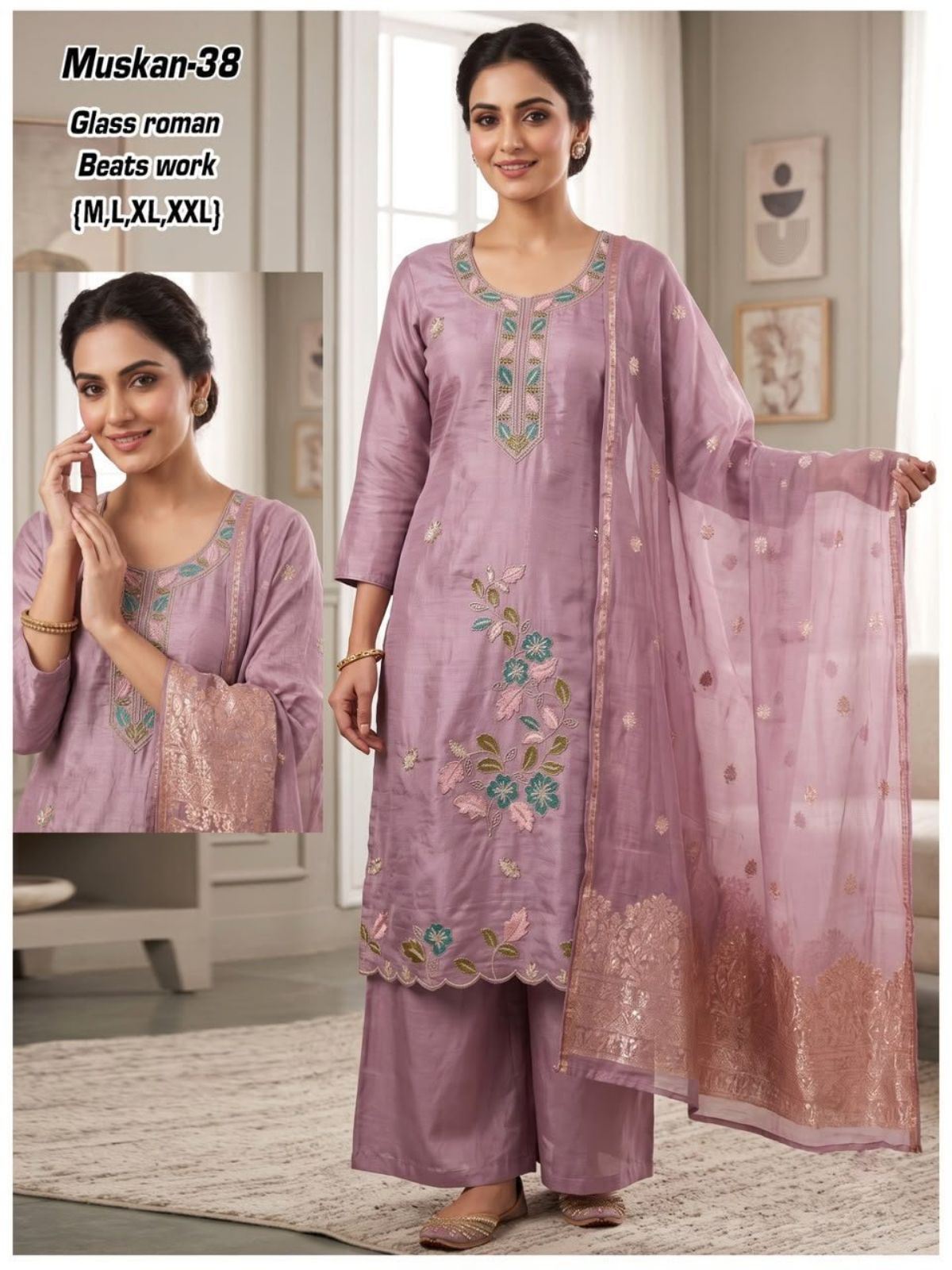 Women's Roman Glass Kurta Set with Beads Work- Muskan- 38