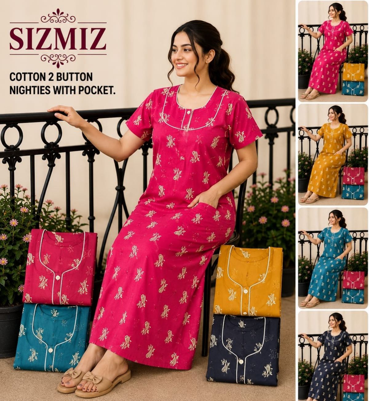 Women Pure Cotton Night Gown With Two Button Aaradhana
