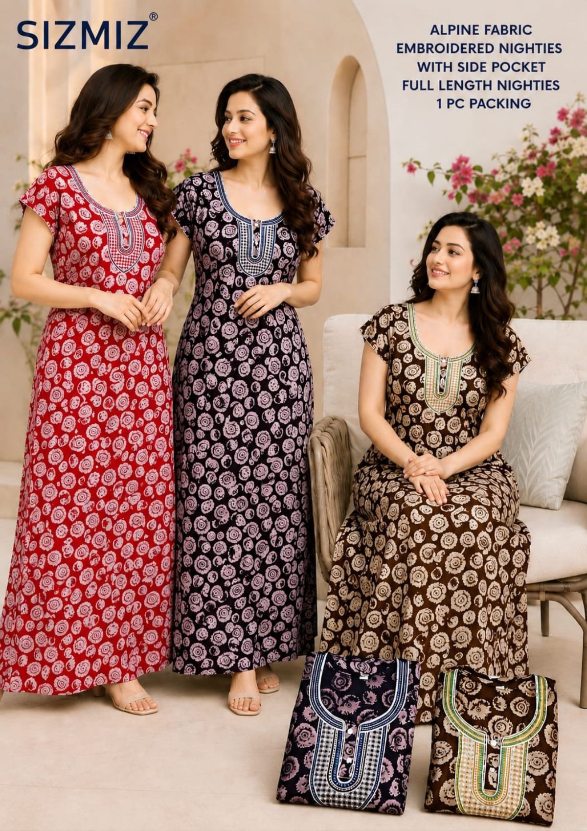 Women Alpine Nighties Superior Fabric with two button embroidered and side pocket