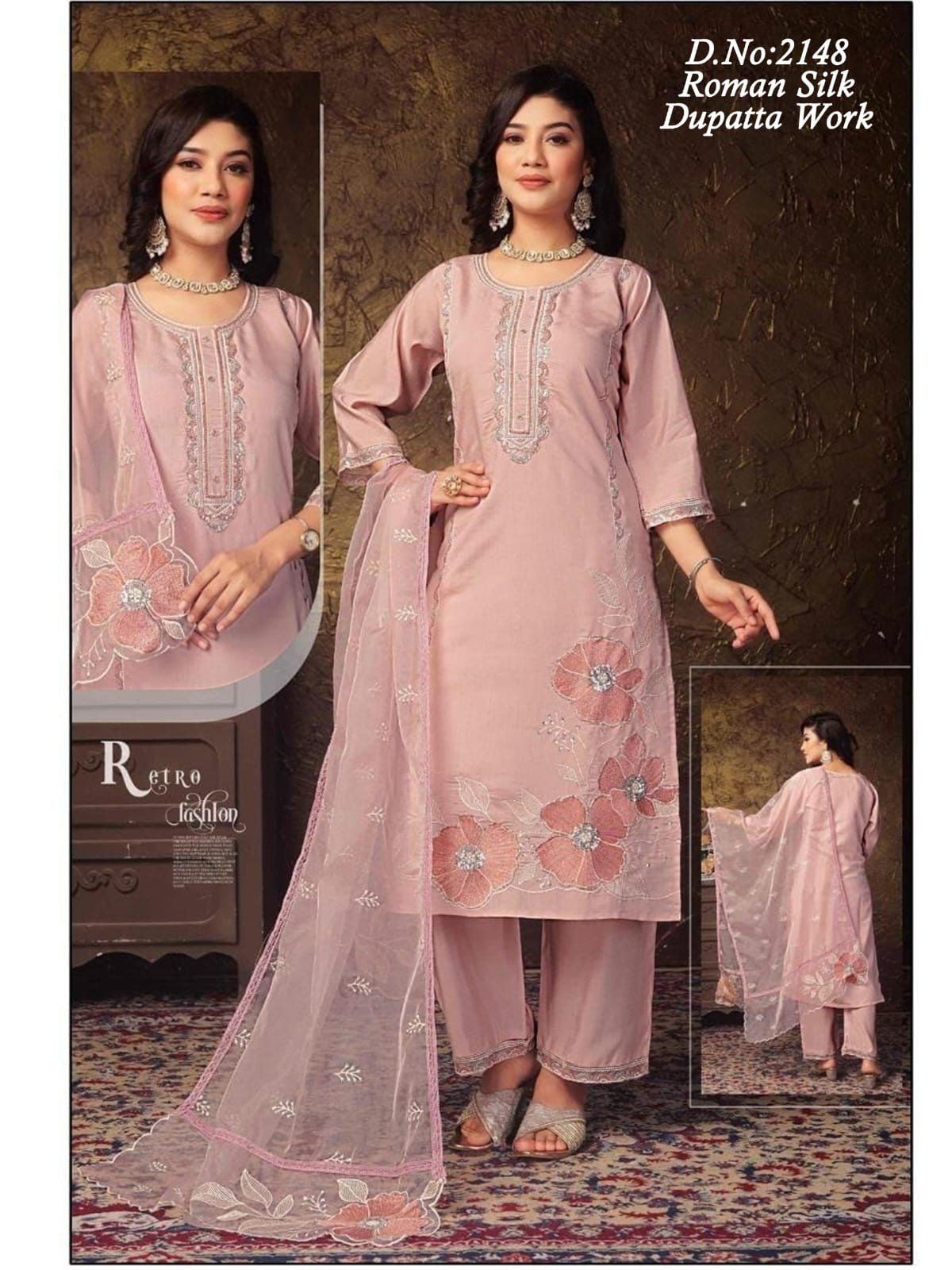 Women's Roman Silk Kurta Pant Set With Dupatta- 2148