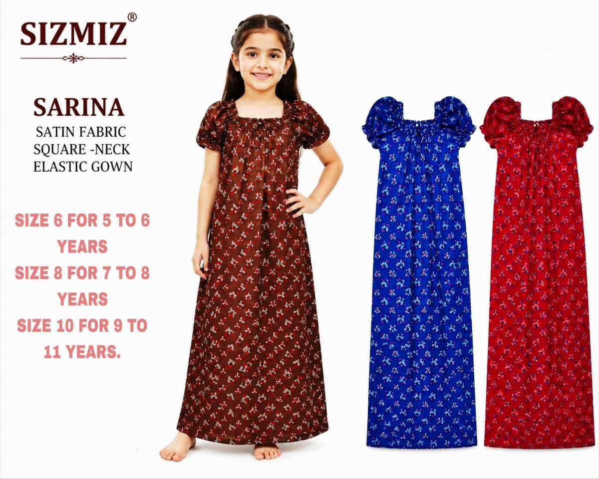 Sarina Satin Fabric Square Neck Night Gown For Kids-(6)
