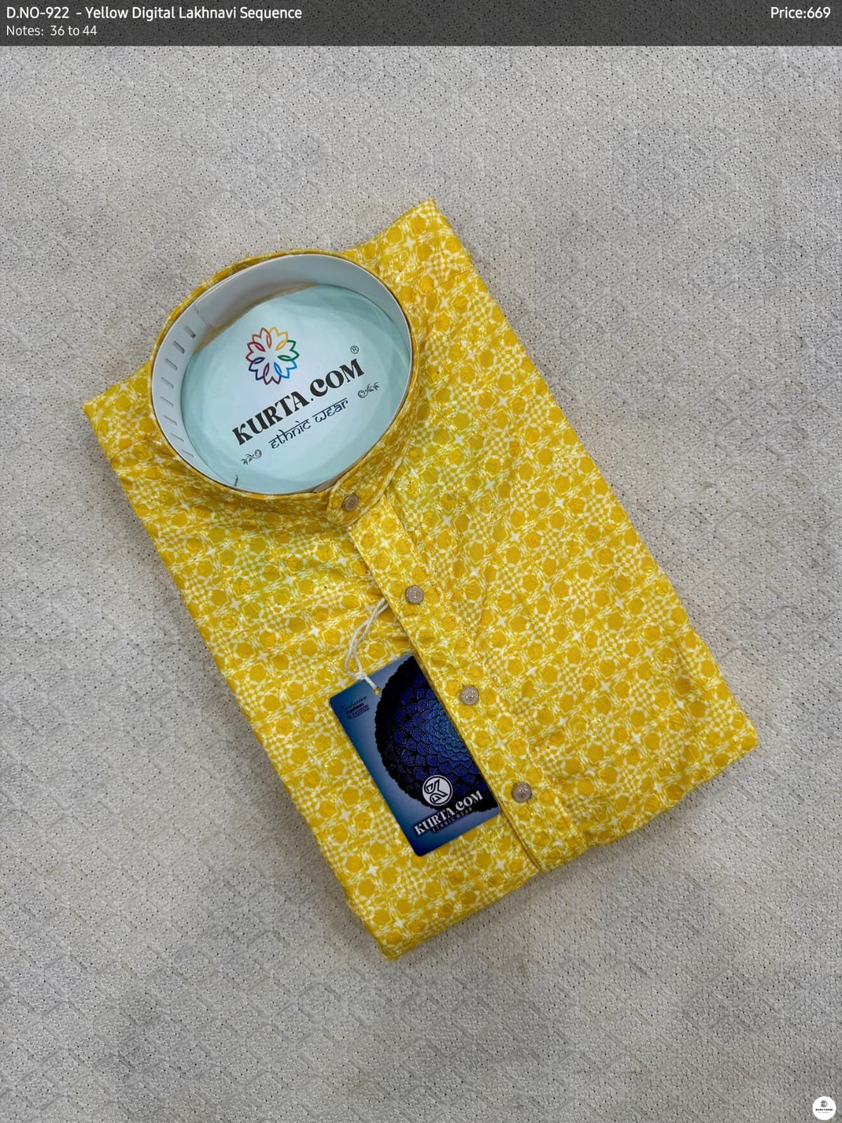 Yellow Digital Lakhnavi Sequence Work Kurta Only-922