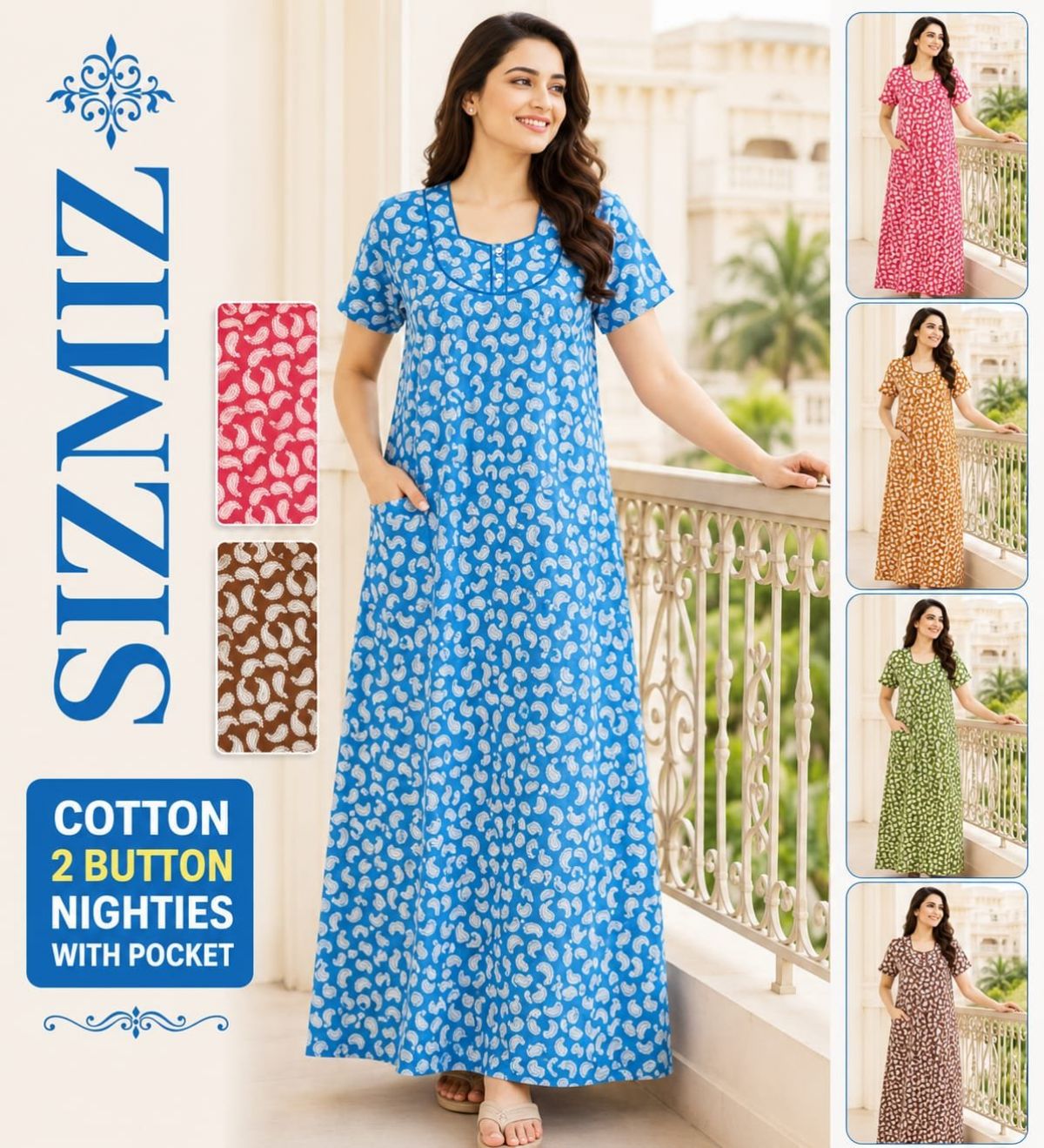 Women Poly Cotton Night Gown with Two Button
