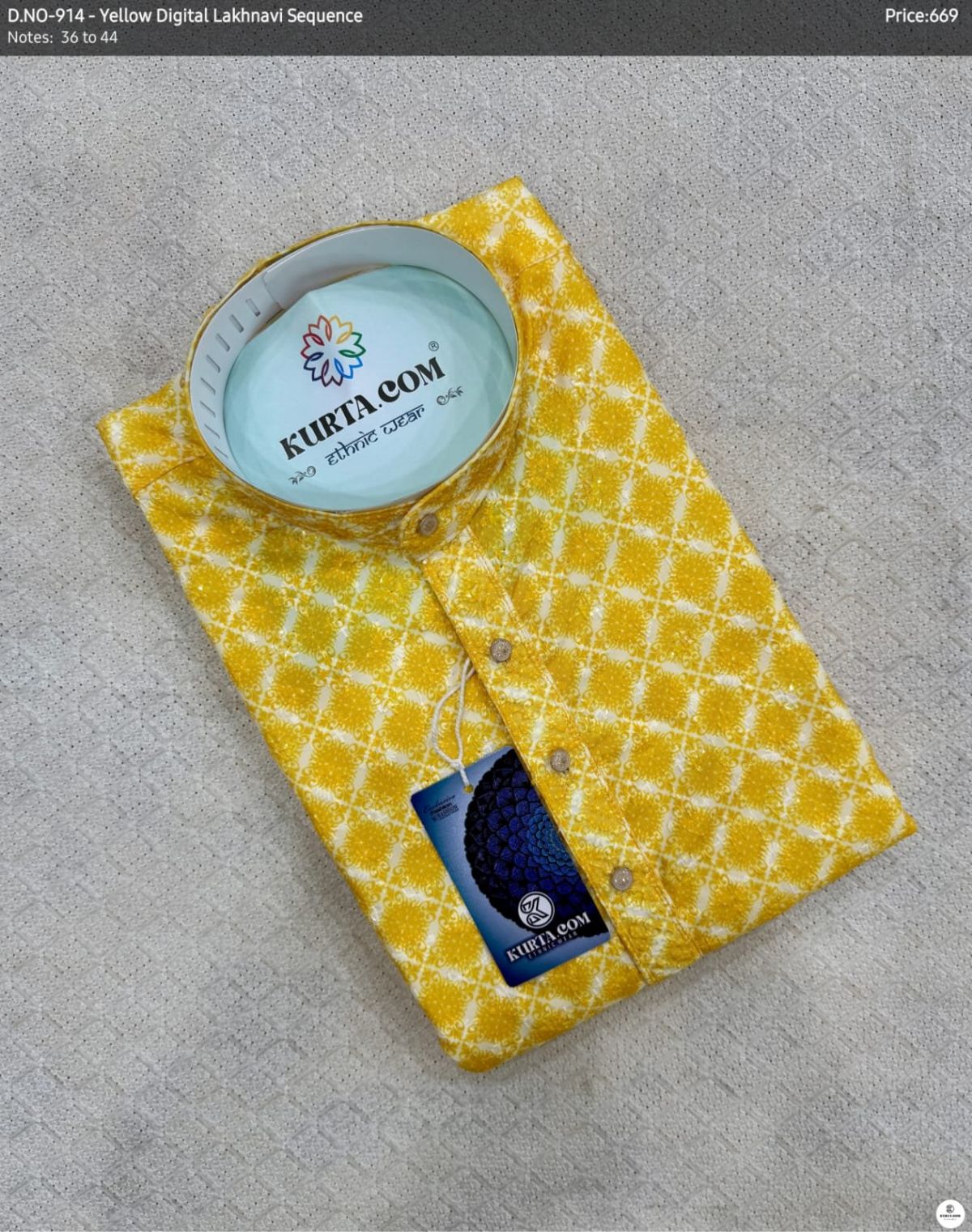 Yellow Digital Lakhnavi Sequence Work Kurta Only-915