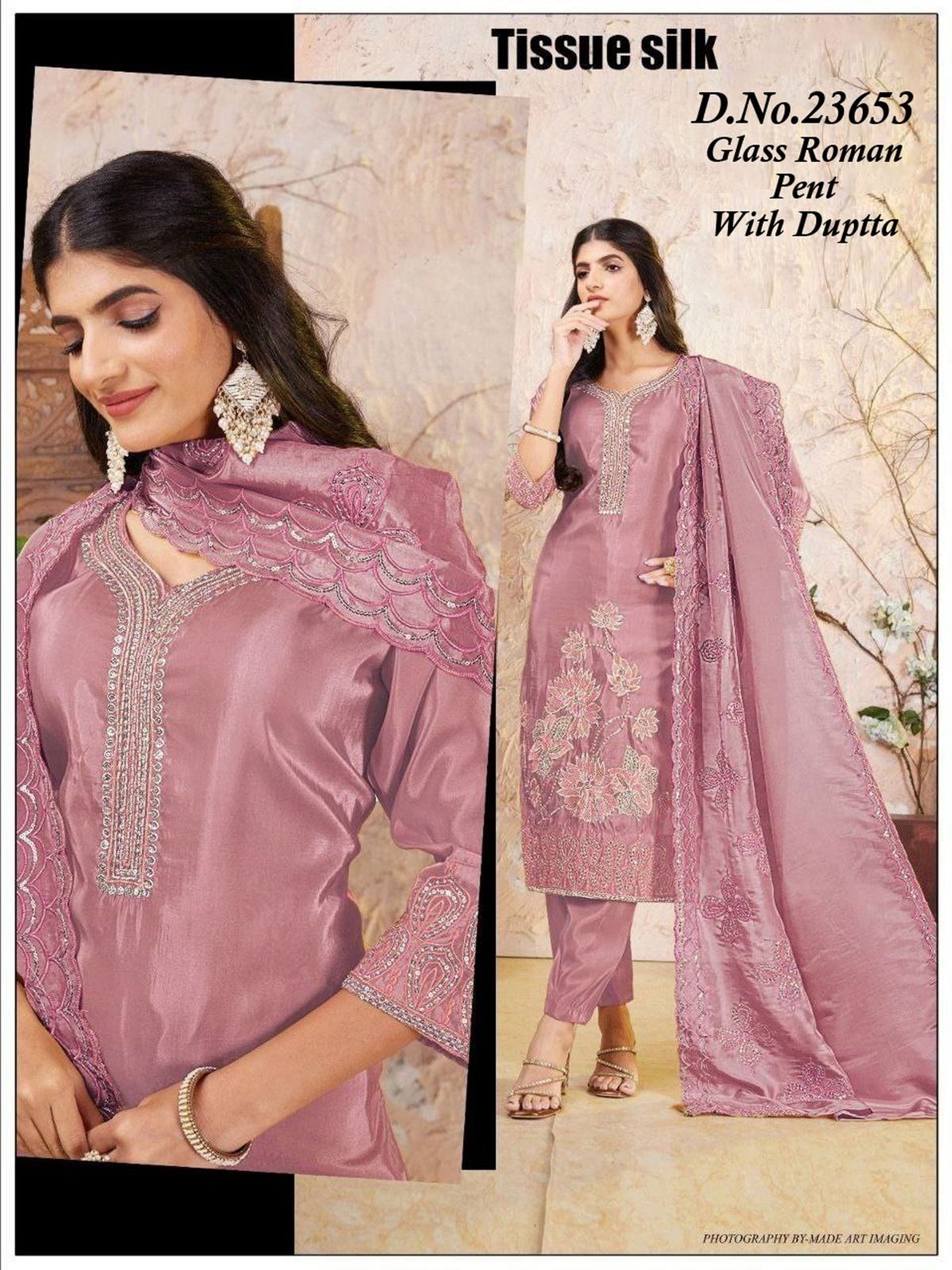 Women's Roman Silk Kurta Pant Set With Dupatta- 23653