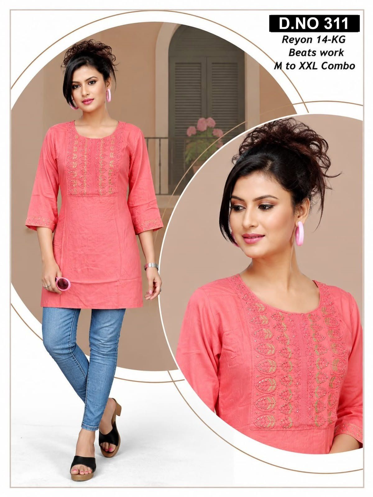Women's Short Kurta Top with Beads work D No-311