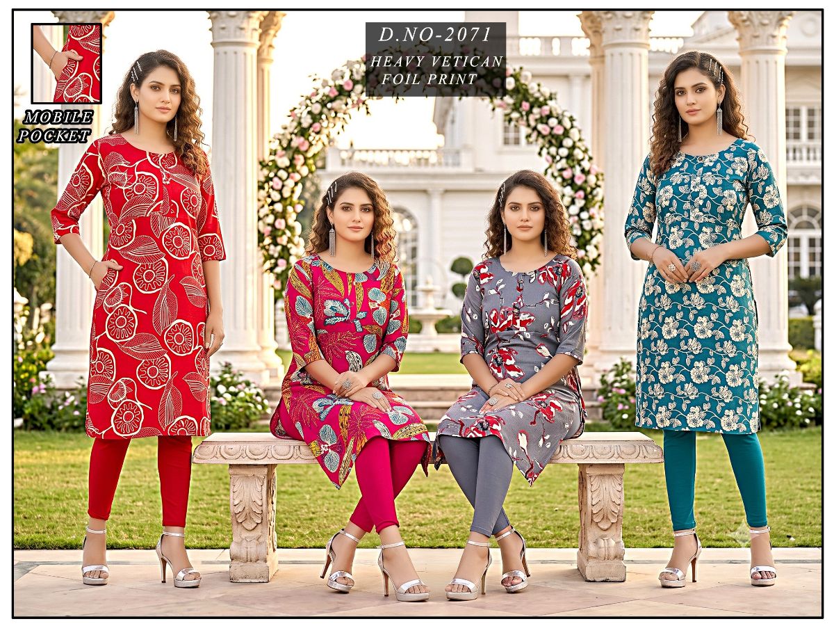 Women's Vetican Print State Colour Round Neck Kurti -2071
