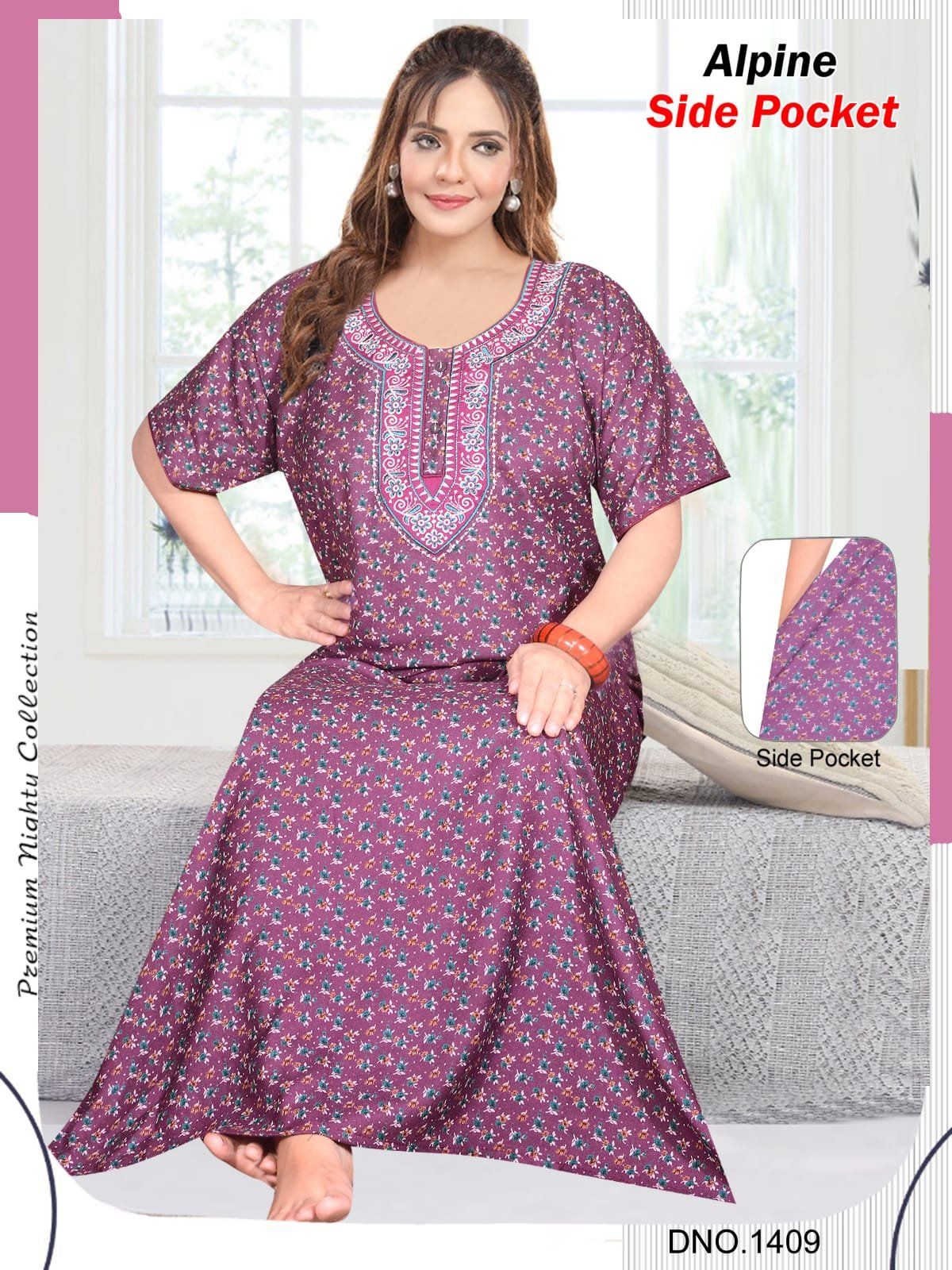 Women's Alpine Premium Nighties 2 Button with Long Fancy Embroidery