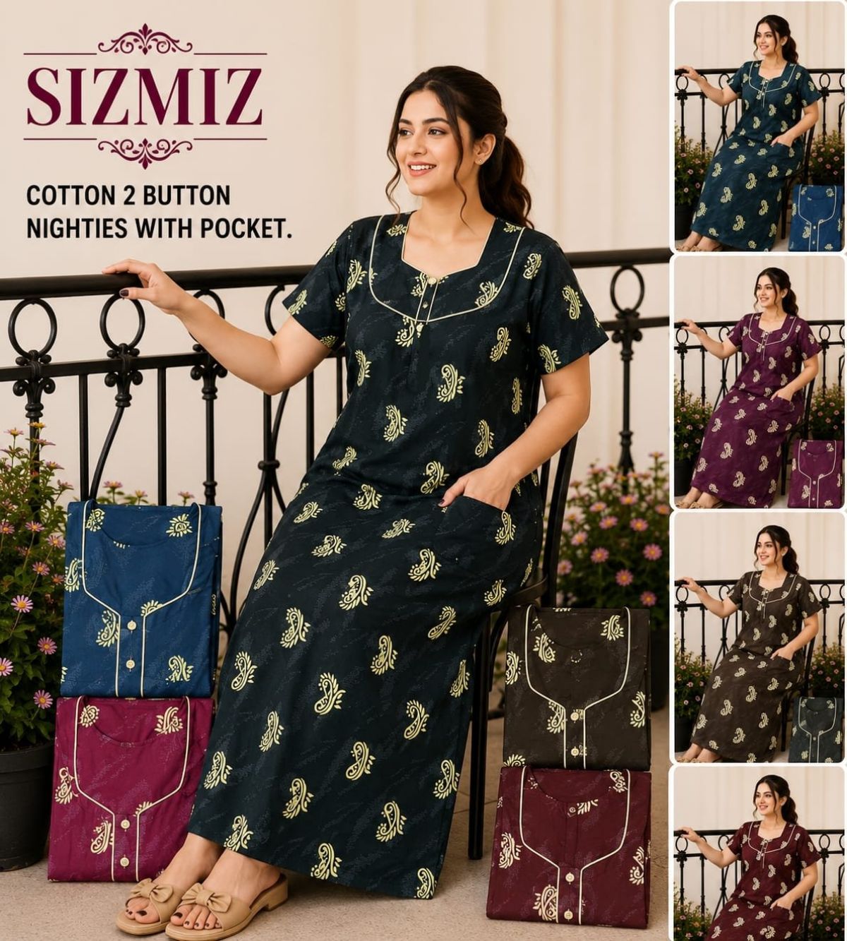 Women Pure Cotton Night Gown With Two Button 2*11