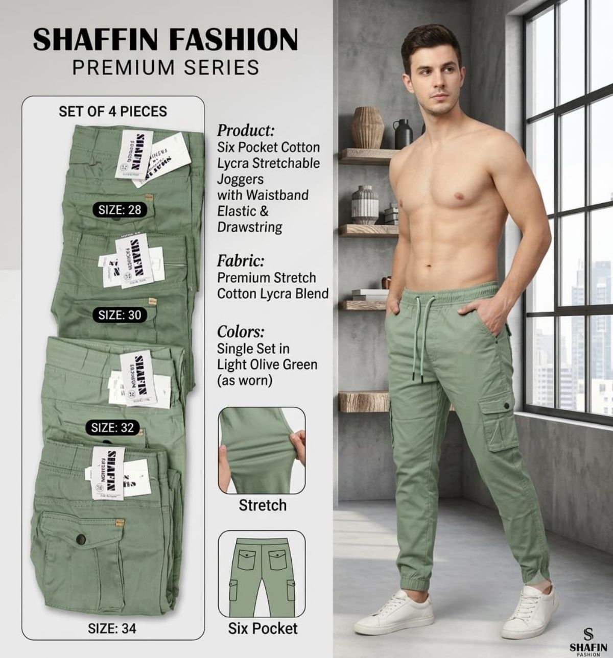 Shafin Men's Six Pockets Joggers Cargo Pants