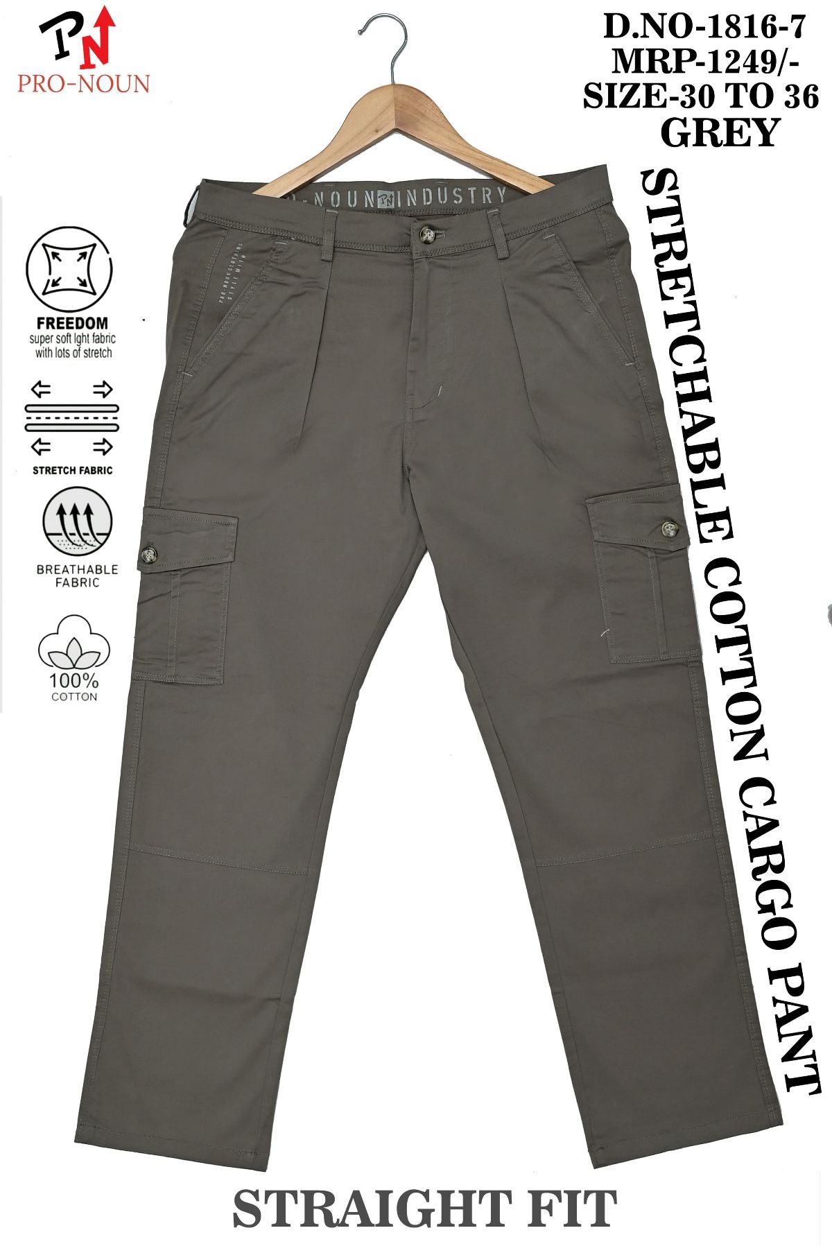 Pro-Noun Men's Straight Fit Cargo Pants D No- 1816 -Grey