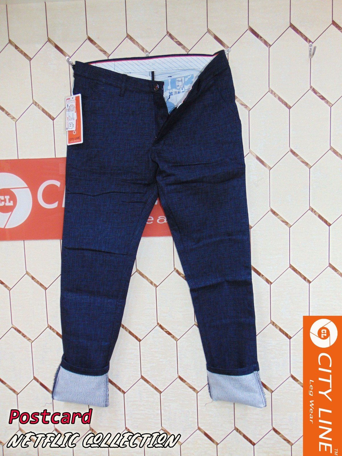 Men's cotton Knitted PostCard Blue Pants-9068
